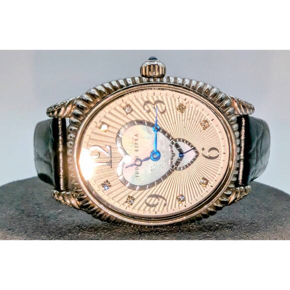 Judith Ripka MOP Sterling Silver Case Genuine Leather Band Double Heart Watch - Picture 2 of 10